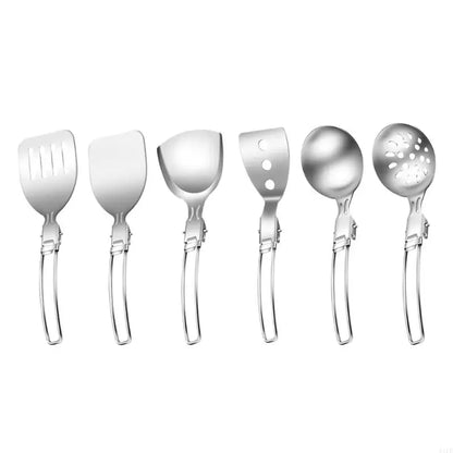 F1FD Stainless Steel Camping Cookware Practical Folding Soup Ladles Strainer Spatula