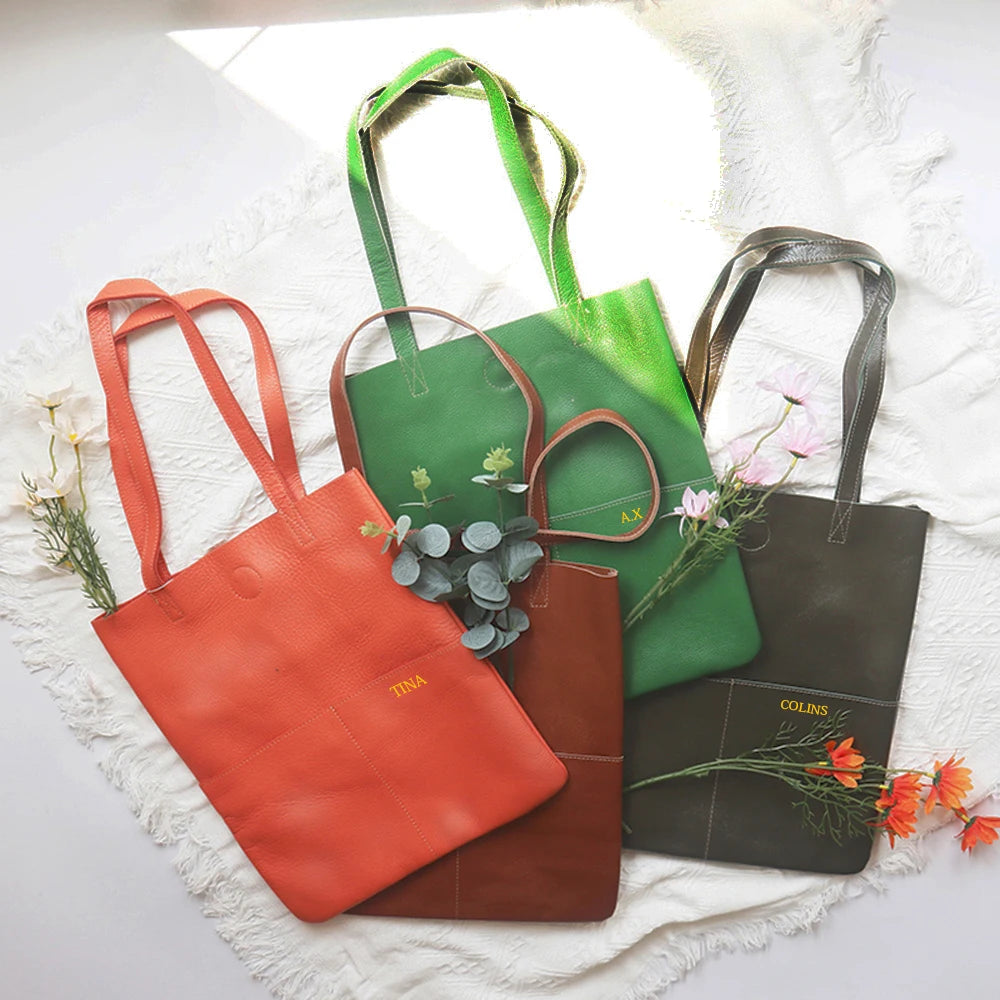 Luxury Design Genuine Leather Custom Initials Tote Bag Cowhide Daily Fashion Woman Shoulder Bag Large Capacity Business Handbag