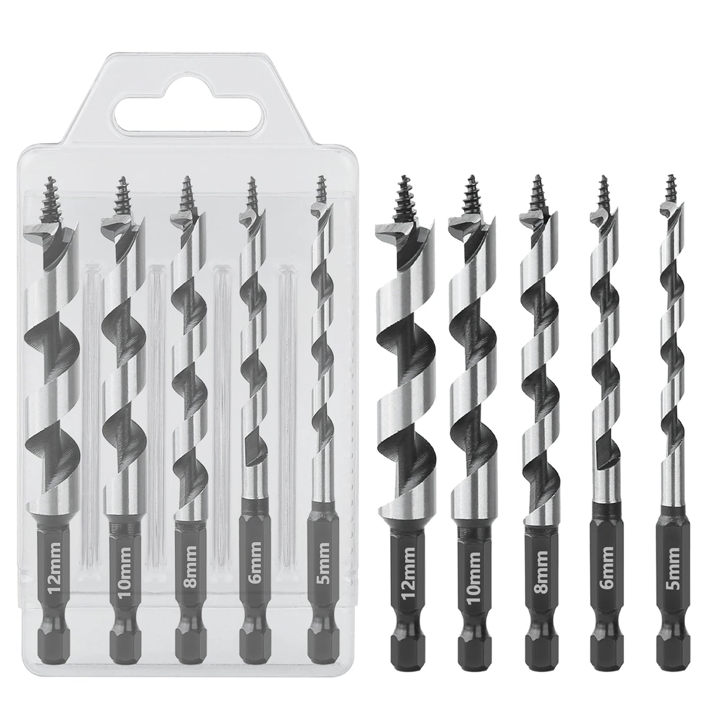 HEDA 5Pcs 5/6/8/10/12mm Woodworking Ship Auger Drill Bit Set 1/4'' Hex Quick Change Shank HCS For Soft Hard Wood Hole Saw