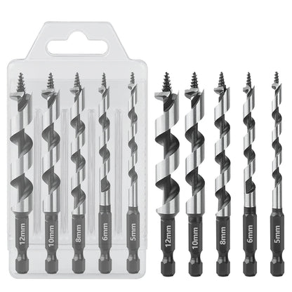 HEDA 5Pcs 5/6/8/10/12mm Woodworking Ship Auger Drill Bit Set 1/4'' Hex Quick Change Shank HCS For Soft Hard Wood Hole Saw