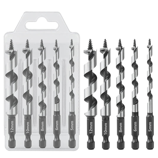 HEDA 5Pcs 5/6/8/10/12mm Woodworking Ship Auger Drill Bit Set 1/4'' Hex Quick Change Shank HCS For Soft Hard Wood Hole Saw