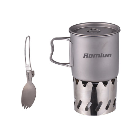 Camping Cooking Set Ti 500ml Cup Fork Spoon Alcohol Stove Windscreen Portable Camping Cook Sets for 1 People