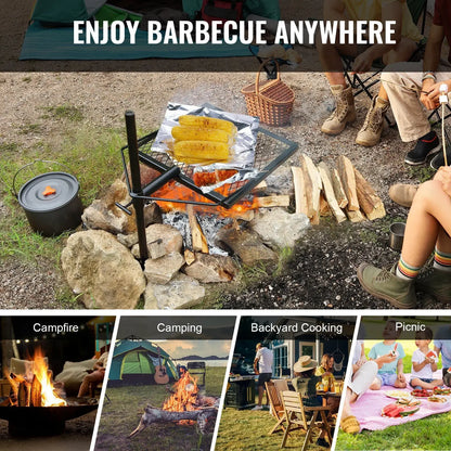 360° Swivel Campfire Grill – Heavy-Duty Steel Grate for Adjustable Open-Fire Cooking (Portable for Camping & BBQ)."