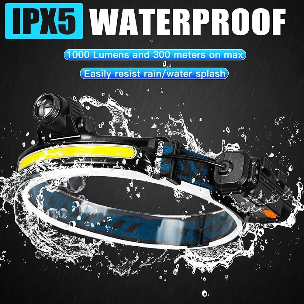 Induction Headlamp XPG+COB LED Head Lamp with Built-in Battery