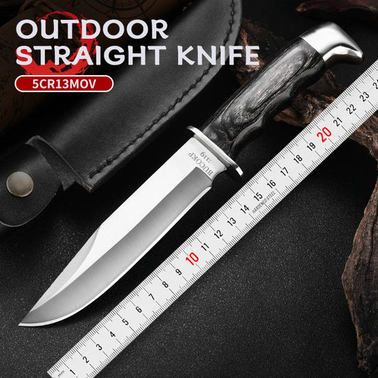 1Pc Ultra-Durable Stainless Steel Knife with Ergonomic Wooden Handle, Includes Portable Black Sheath - Perfect for Camping