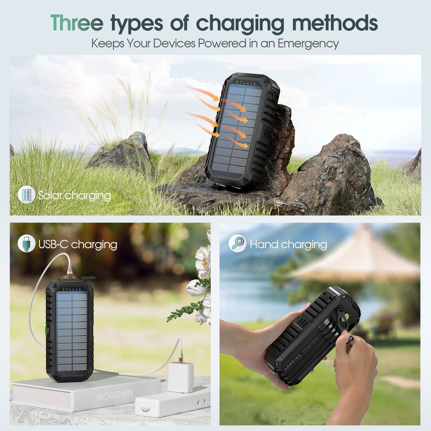 Hand Crank Solar Power Bank 20000mAh Waterproof Portable 22.5W Fast Charger Powerbank for iPhone Samsung Xiaomi External Battery