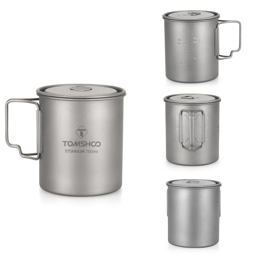 Tomshoo Ultralight 750ml Titanium Pot Portable Titanium Water Mug Cup w/ Lid Foldable Handle Outdoor Camping Picnic Supplies
