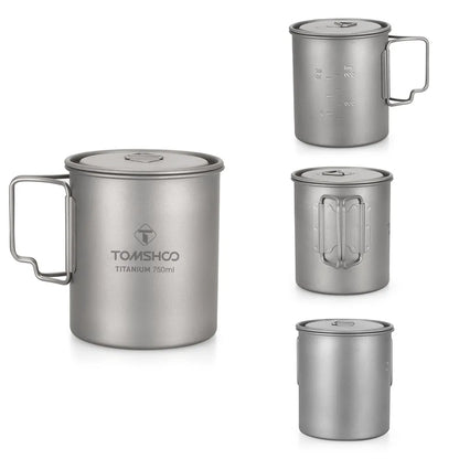Tomshoo Ultralight 750ml Titanium Pot Portable Titanium Water Mug Cup w/ Lid Foldable Handle Outdoor Camping Picnic Supplies