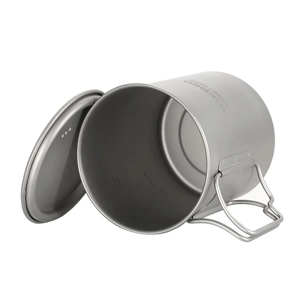 Tomshoo Ultralight 750ml Titanium Pot Portable Titanium Water Mug Cup w/ Lid Foldable Handle Outdoor Camping Picnic Supplies
