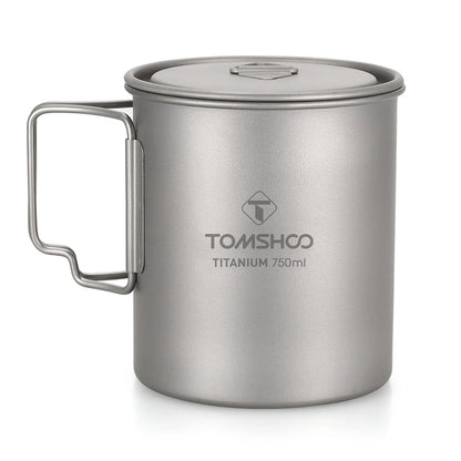 Tomshoo Ultralight 750ml Titanium Pot Portable Titanium Water Mug Cup w/ Lid Foldable Handle Outdoor Camping Picnic Supplies