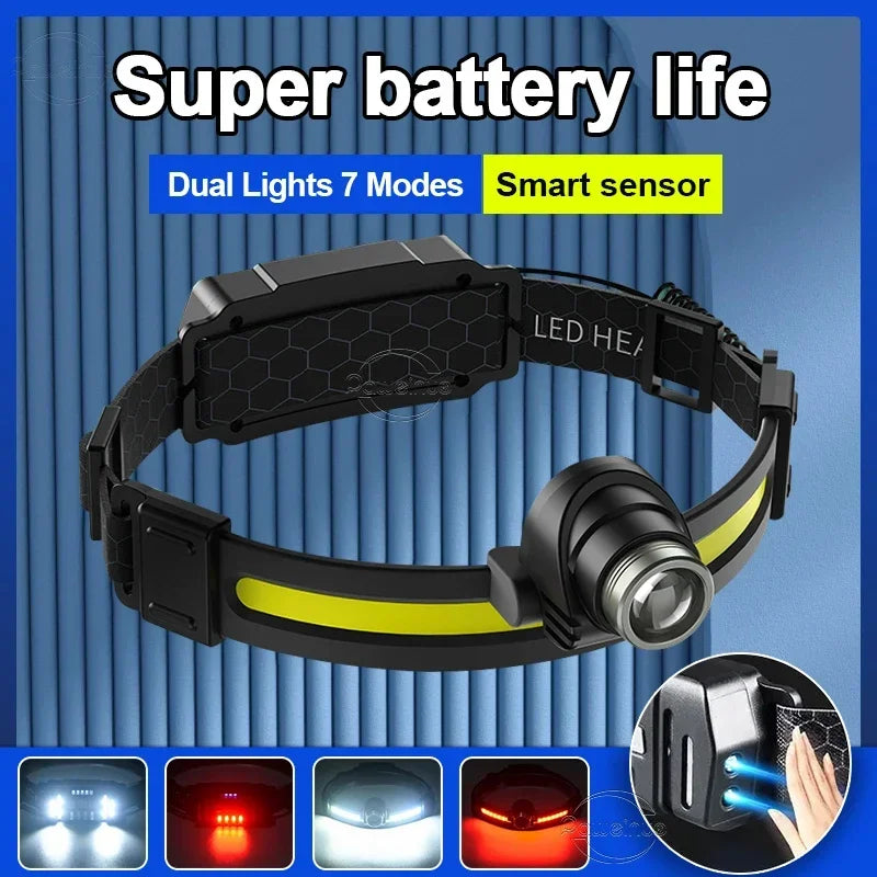 Powerful LED Headlamp 7 Modes XPE+COB Sensor Head Torch