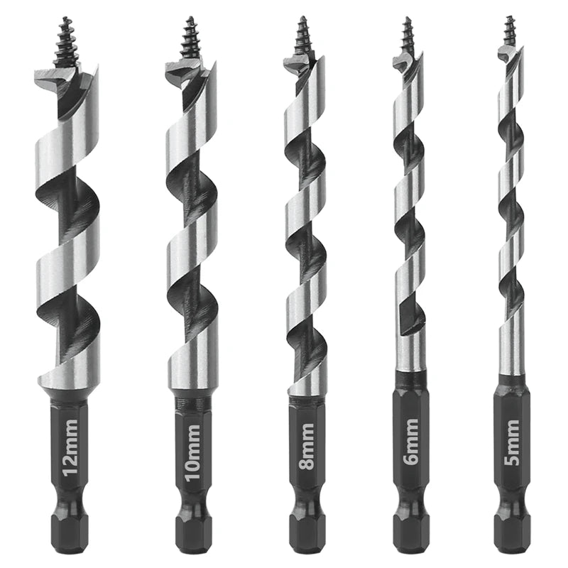 HEDA 5Pcs 5/6/8/10/12mm Woodworking Ship Auger Drill Bit Set 1/4'' Hex Quick Change Shank HCS For Soft Hard Wood Hole Saw