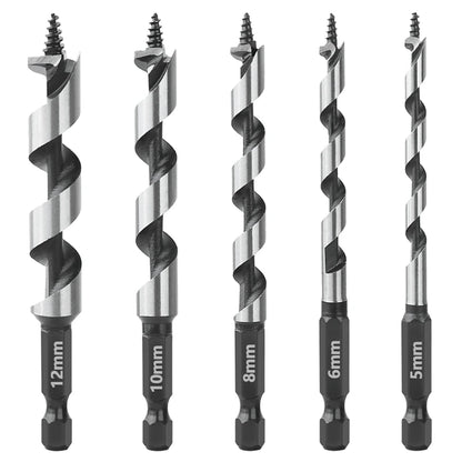HEDA 5Pcs 5/6/8/10/12mm Woodworking Ship Auger Drill Bit Set 1/4'' Hex Quick Change Shank HCS For Soft Hard Wood Hole Saw