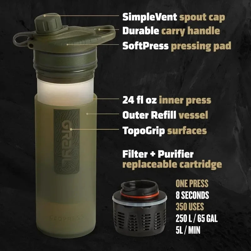 tt For GRAYL GeoPress 24 oz Water Purifier Bottle - Filter for Hiking, Camping, Survival, Travel (Olive Drab)