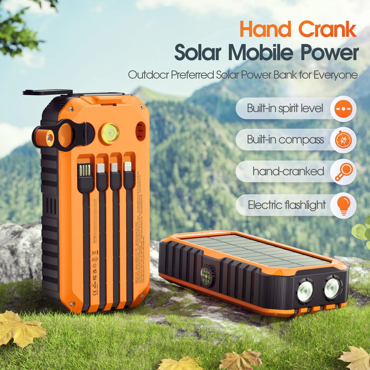 Hand Crank Solar Power Bank 20000mAh Waterproof Portable 22.5W Fast Charger Powerbank for iPhone Samsung Xiaomi External Battery