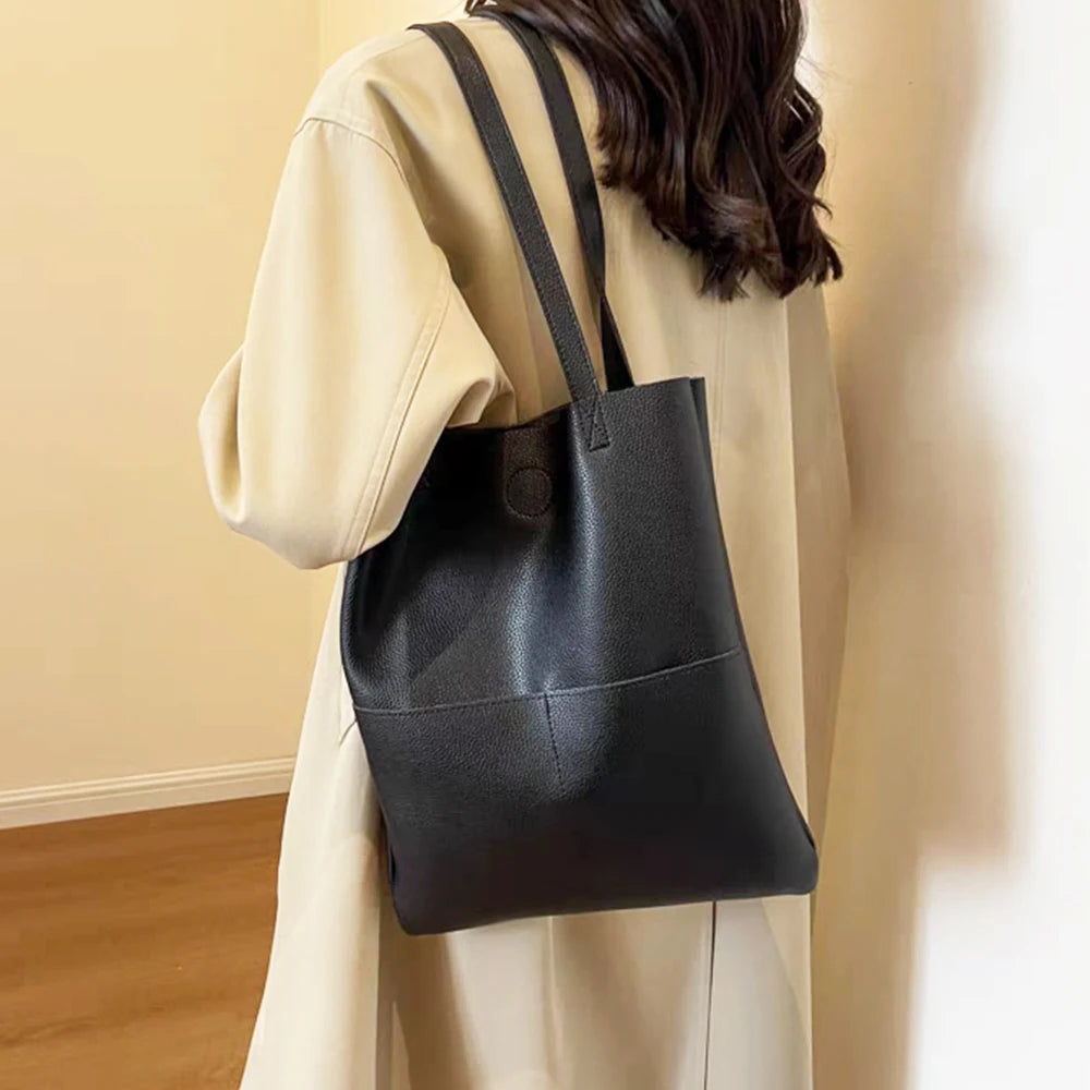 Luxury Design Genuine Leather Custom Initials Tote Bag Cowhide Daily Fashion Woman Shoulder Bag Large Capacity Business Handbag