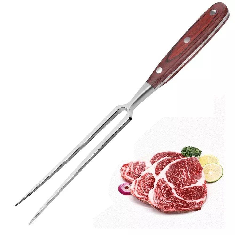 Stainless Steel Barbecue Fork With Wooden Handle Beef Portable Outdoor Bbq Camping Cooking Grill Tools Accessories