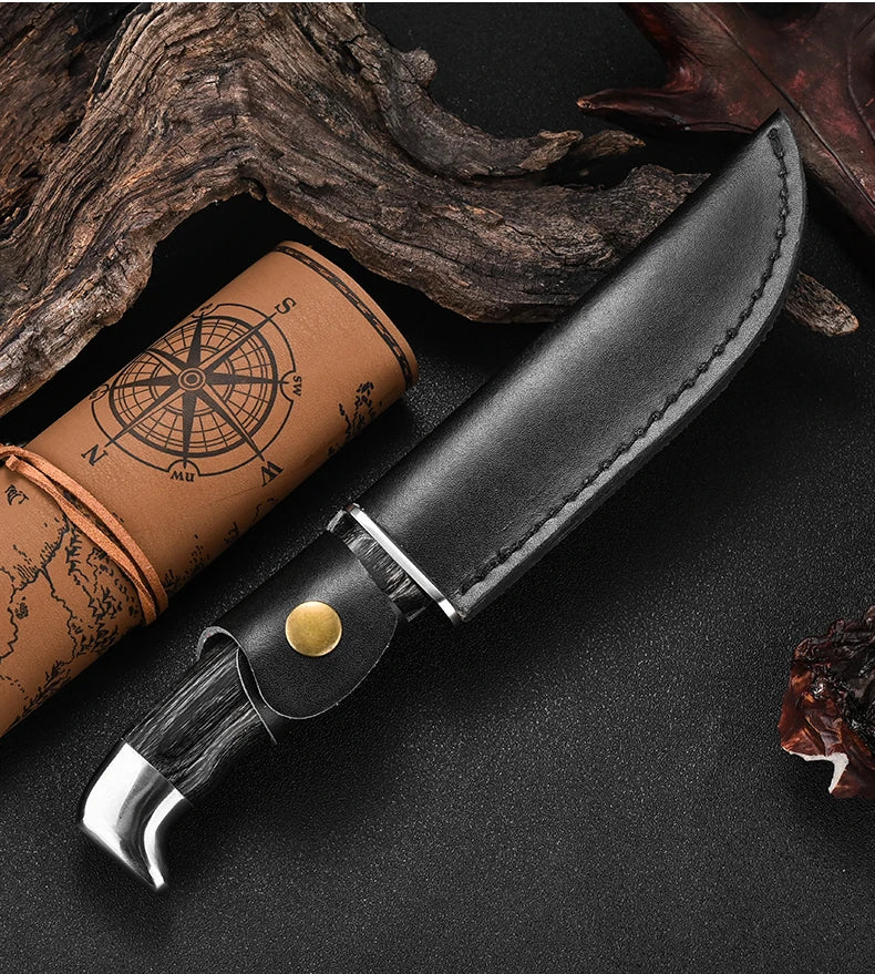 1Pc Ultra-Durable Stainless Steel Knife with Ergonomic Wooden Handle, Includes Portable Black Sheath - Perfect for Camping