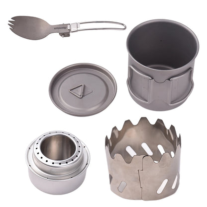 Camping Cooking Set Ti 500ml Cup Fork Spoon Alcohol Stove Windscreen Portable Camping Cook Sets for 1 People