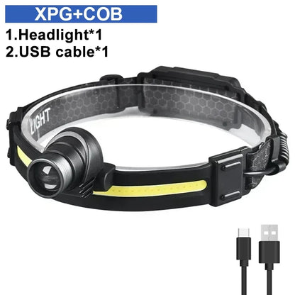 Powerful LED Headlamp 7 Modes XPE+COB Sensor Head Torch