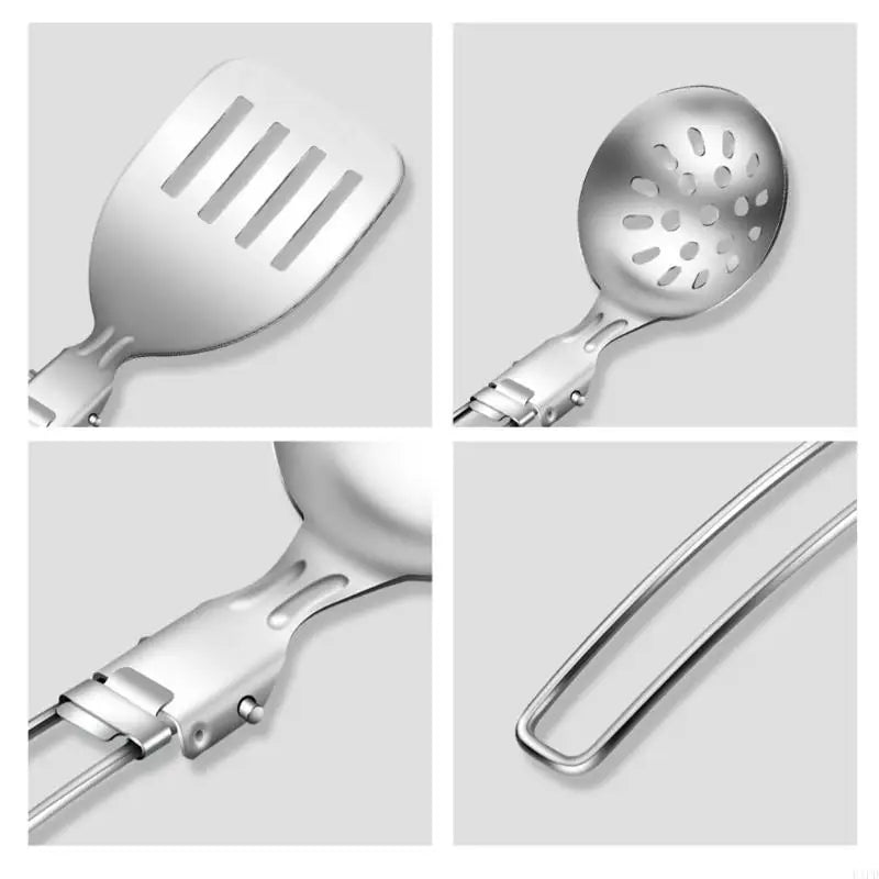 F1FD Stainless Steel Camping Cookware Practical Folding Soup Ladles Strainer Spatula