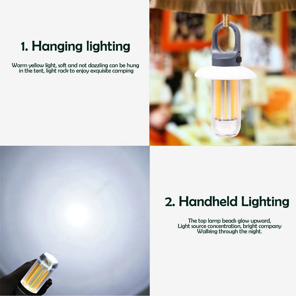 LED Rechargeable Flashlight Camping Lantern 5 Modes Super Bright Portable Hanging Tent Lamp Waterproof Hiking Fishing Outdoor