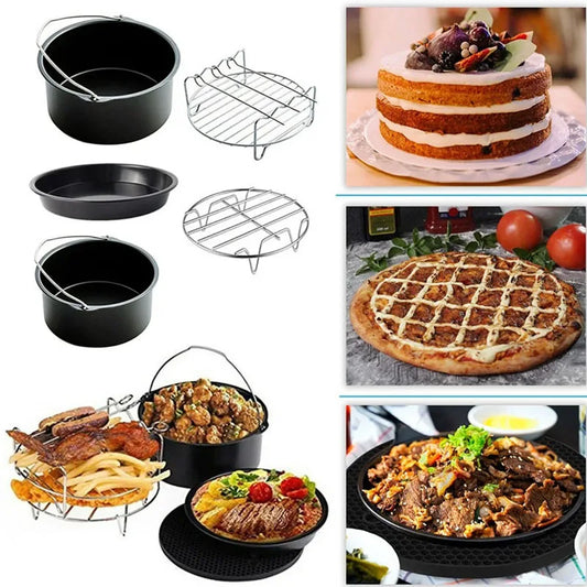 Non-Stick Air Fryer Accessories Universal Baking Pan Cake Barrel Pizza Tray Grill Rack for Cooking Roasting Frying Kitchen Tools