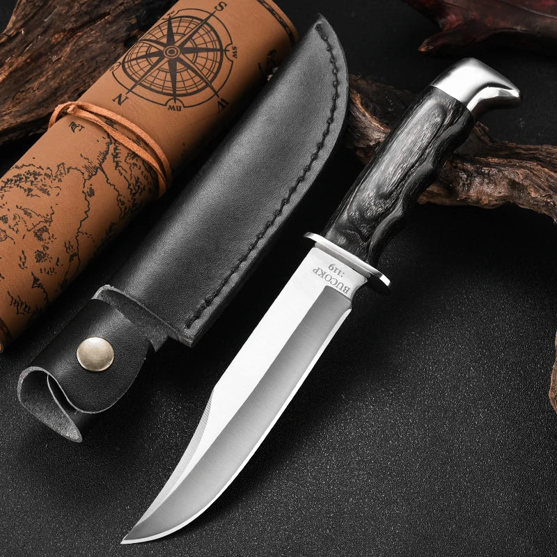 1Pc Ultra-Durable Stainless Steel Knife with Ergonomic Wooden Handle, Includes Portable Black Sheath - Perfect for Camping