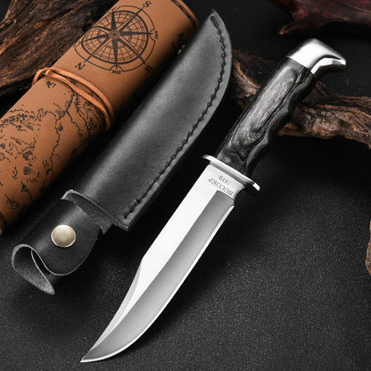 1Pc Ultra-Durable Stainless Steel Knife with Ergonomic Wooden Handle, Includes Portable Black Sheath - Perfect for Camping