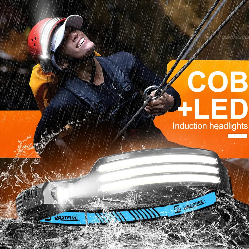 Induction Headlamp COB+LED Headlamp Built in Battery USB Rechargeable Outdoor Waterproof Camping Fishing Work Lantern ﻿