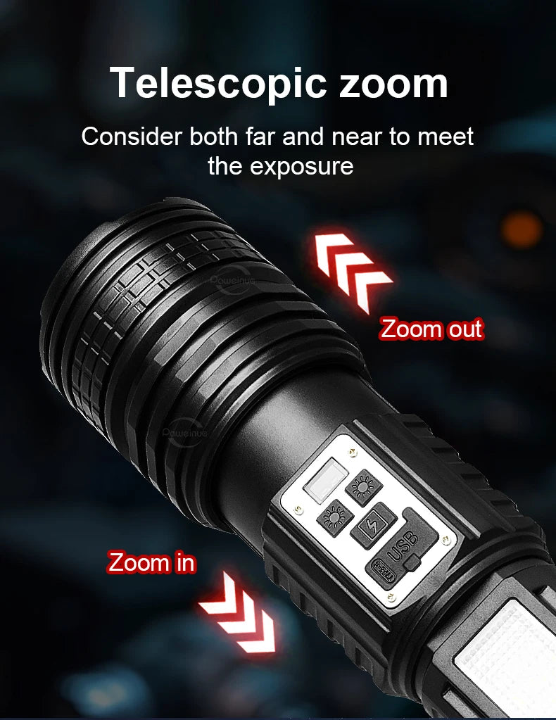 Powerful Flashlight With 7 Lamp Beads Super Tactical Light With COB Side Light Camping Lantern USB Rechargeable Outdoor Torch