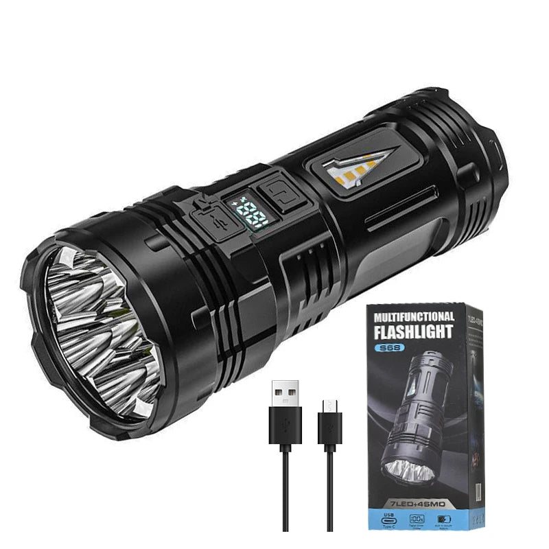 Powerful Flashlight With 7 Lamp Beads Super Tactical Light With COB Side Light Camping Lantern USB Rechargeable Outdoor Torch