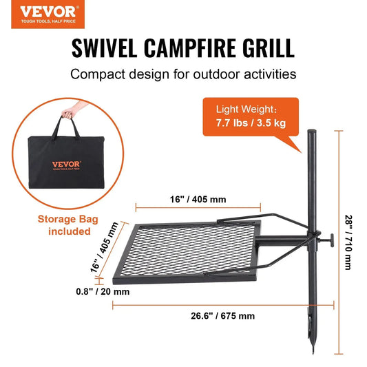 360° Swivel Campfire Grill – Heavy-Duty Steel Grate for Adjustable Open-Fire Cooking (Portable for Camping & BBQ)."