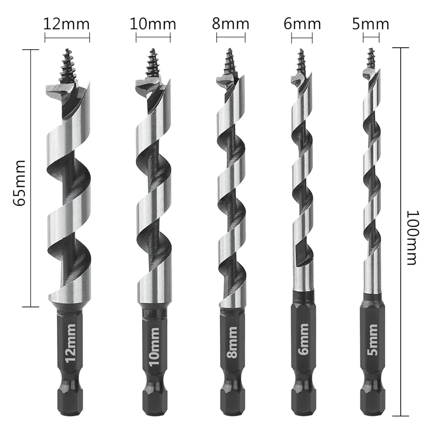 HEDA 5Pcs 5/6/8/10/12mm Woodworking Ship Auger Drill Bit Set 1/4'' Hex Quick Change Shank HCS For Soft Hard Wood Hole Saw