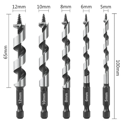 HEDA 5Pcs 5/6/8/10/12mm Woodworking Ship Auger Drill Bit Set 1/4'' Hex Quick Change Shank HCS For Soft Hard Wood Hole Saw