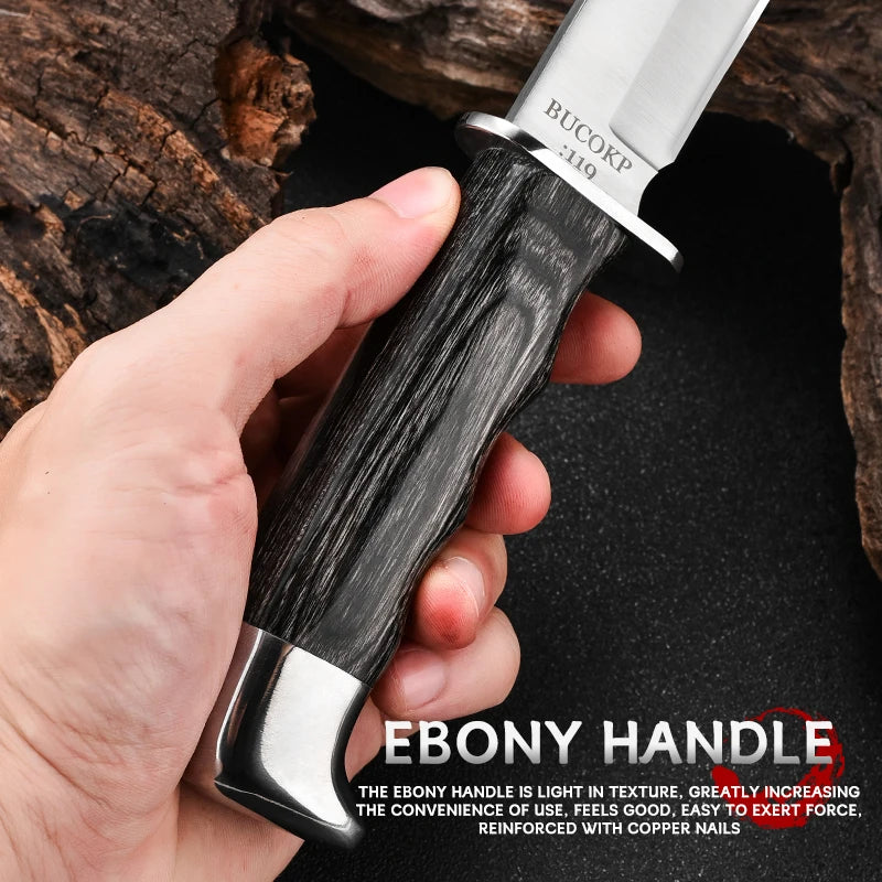 1Pc Ultra-Durable Stainless Steel Knife with Ergonomic Wooden Handle, Includes Portable Black Sheath - Perfect for Camping